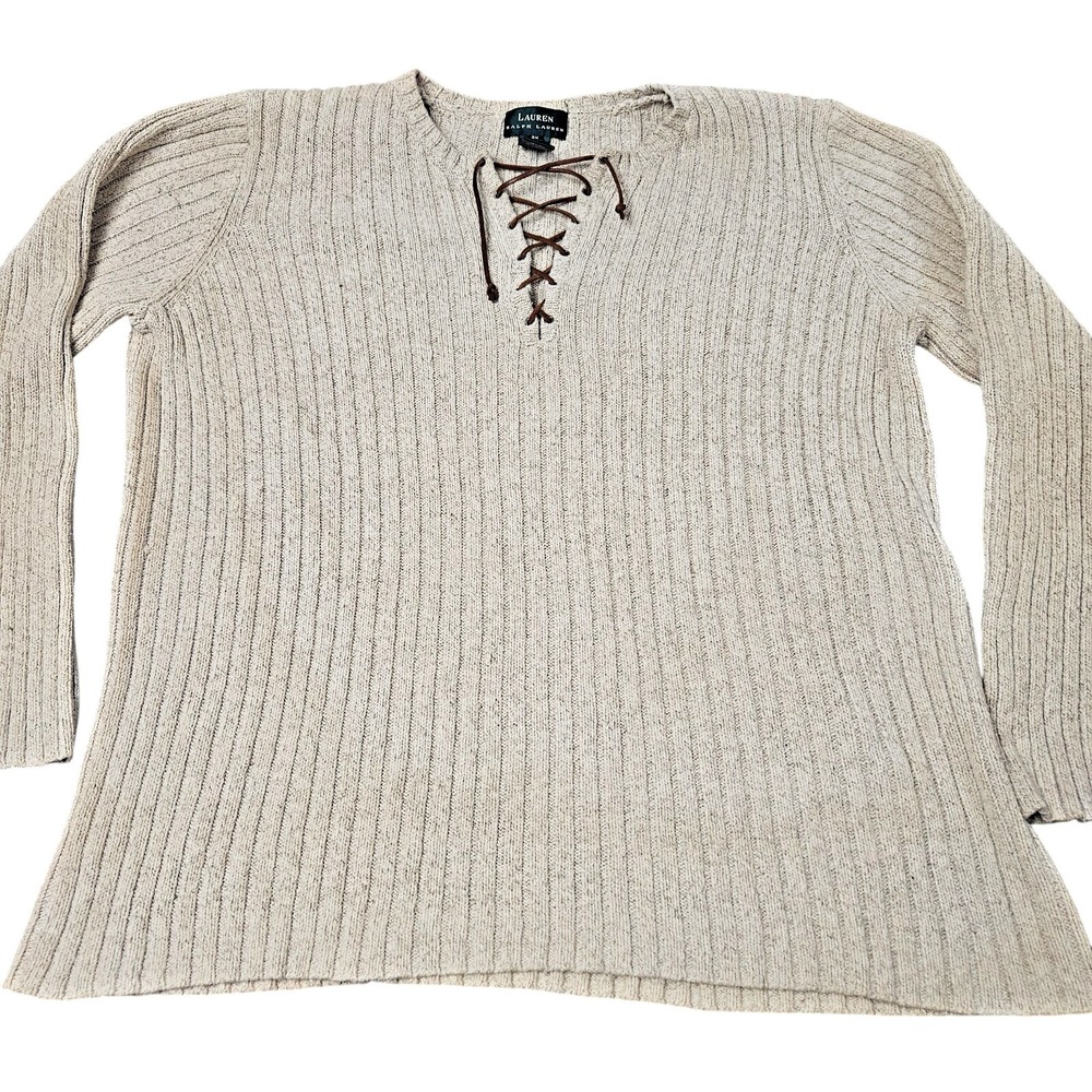 Lauren Ralph Lauren Sweater Womens 2X Tan Silk Linen Lace Up Ribbed Knit Peasant